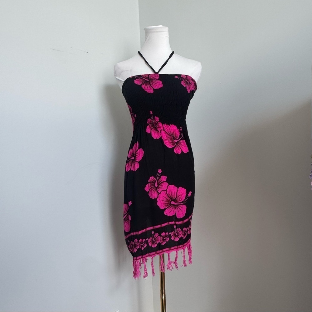 Vintage Hawaiian Black Pink Hibiscus Strapless Dress Beach Up Festival Y2K M - Picture 3 of 6